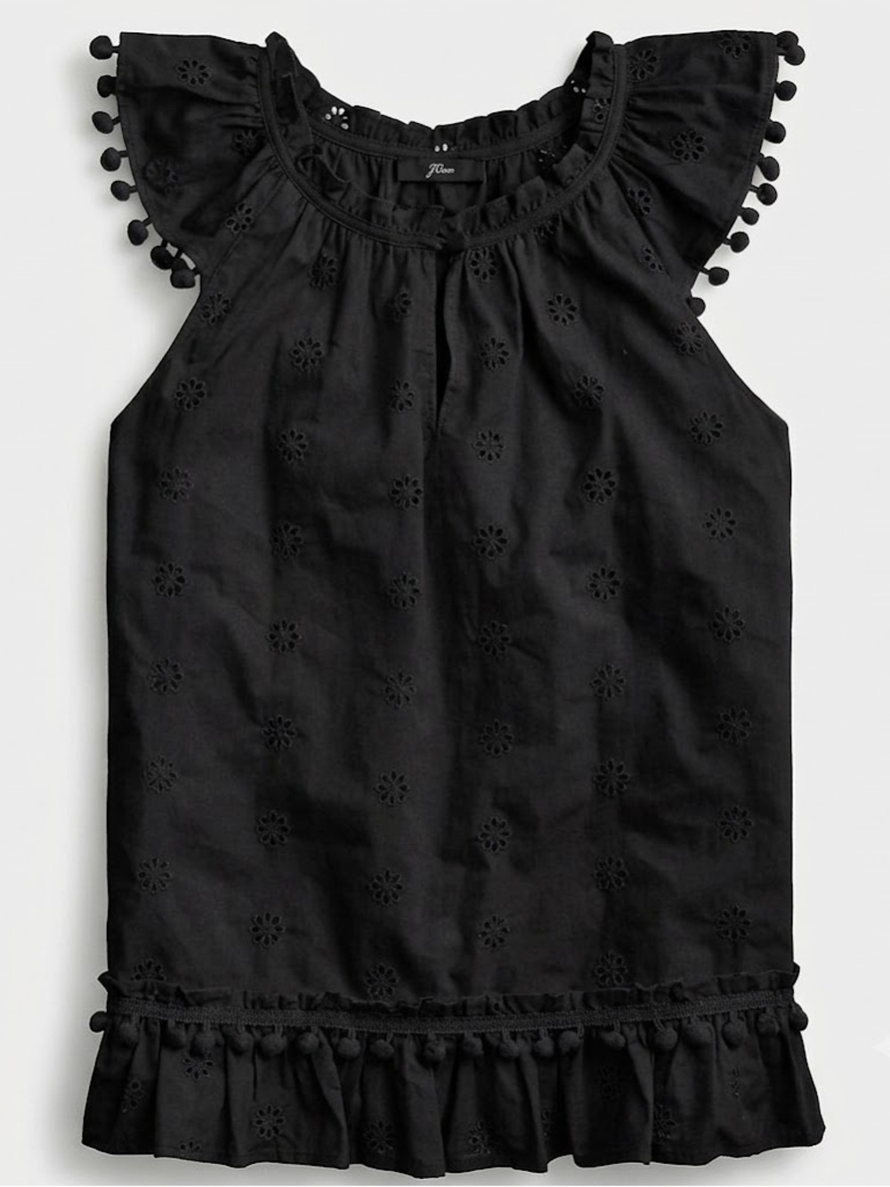 J Crew Black Eyelet Ruffle Trim Top